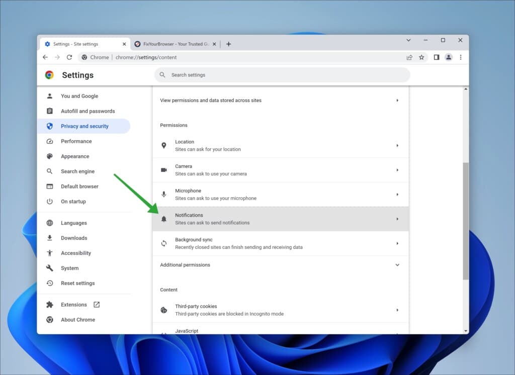 Notifications settings in Google Chrome