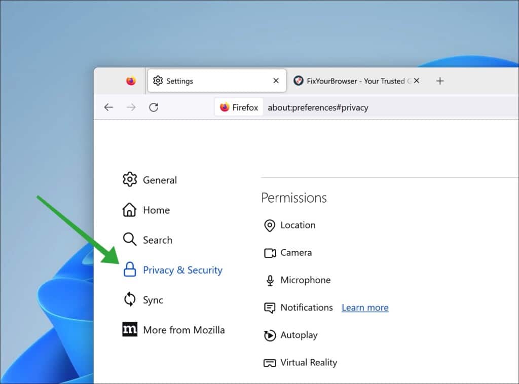 Privacy and Security settings in Firefox