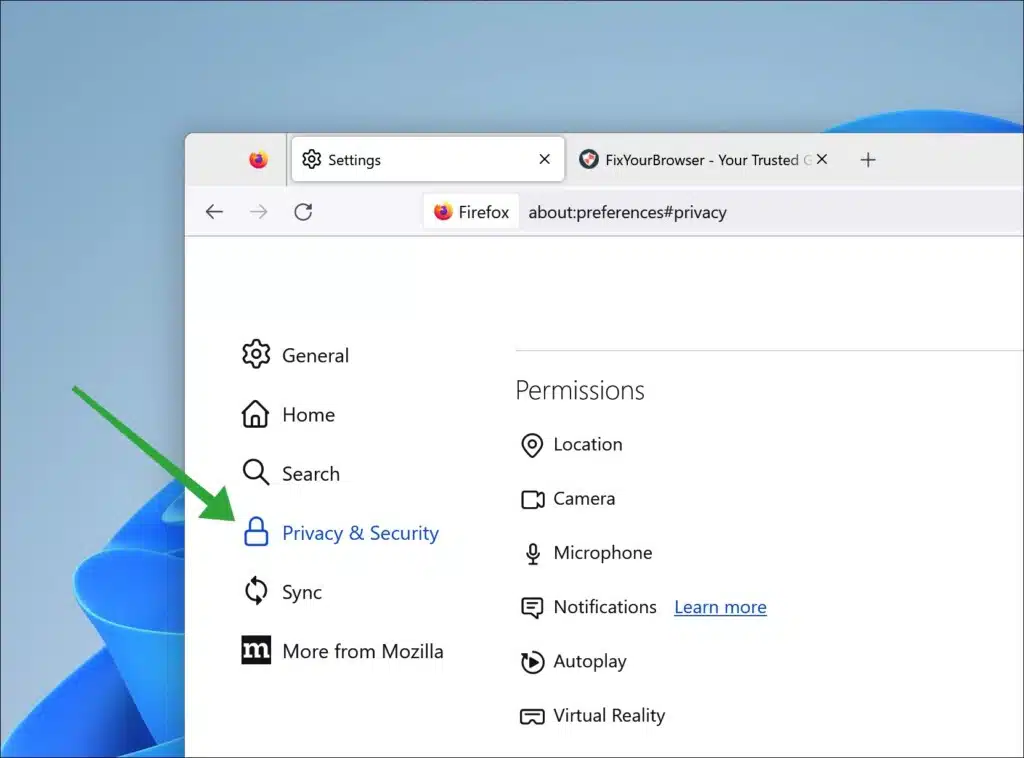Privacy and Security settings in Firefox