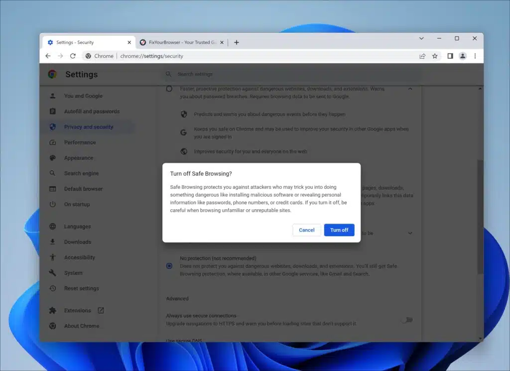 Disabling Google Chrome's built-in security