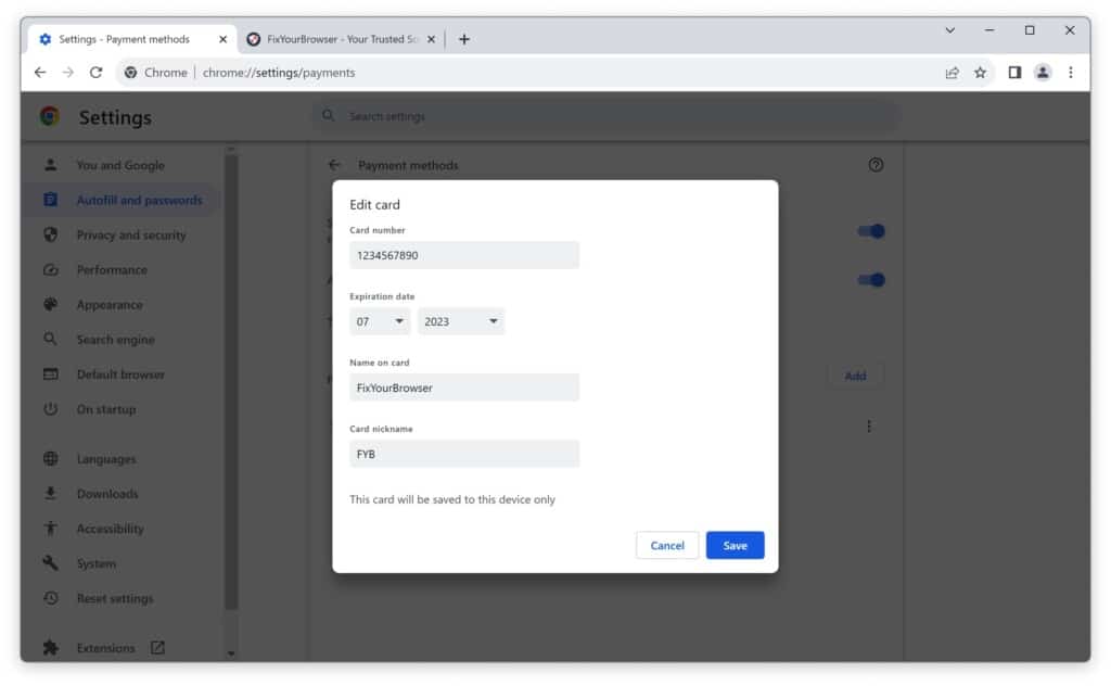 Edit card information in Google chrome