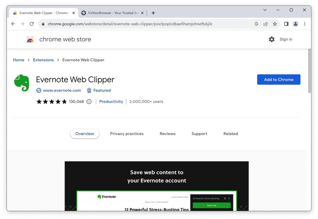 Extension de productivité Evernote Web Clipper pour Google Chrome