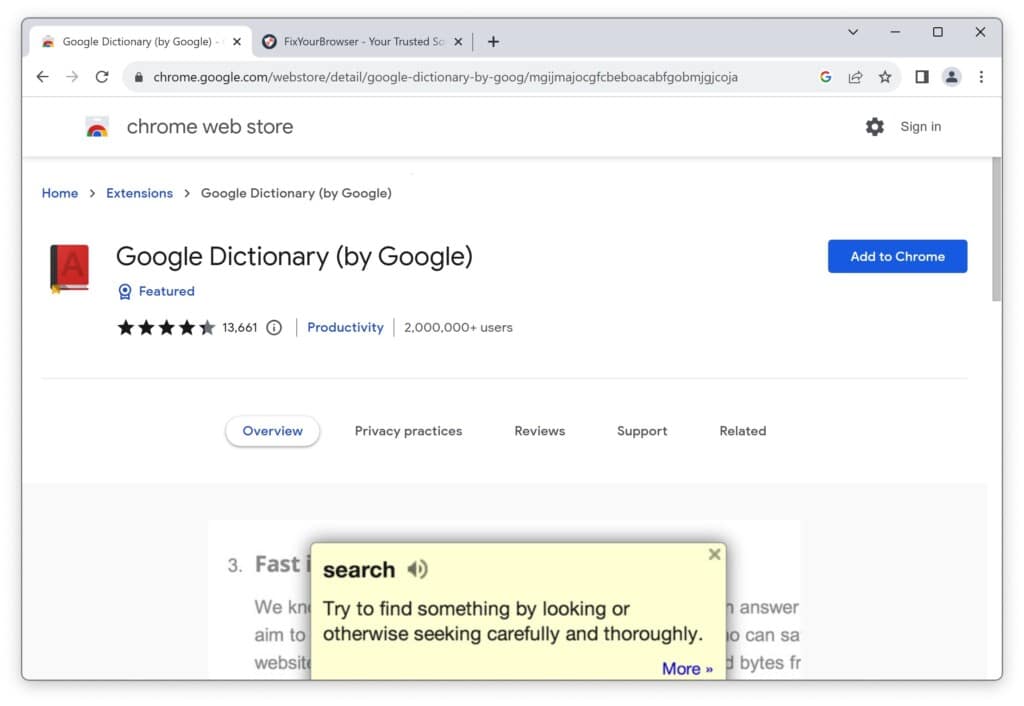 Extension de productivité Google Dictionary pour Google Chrome