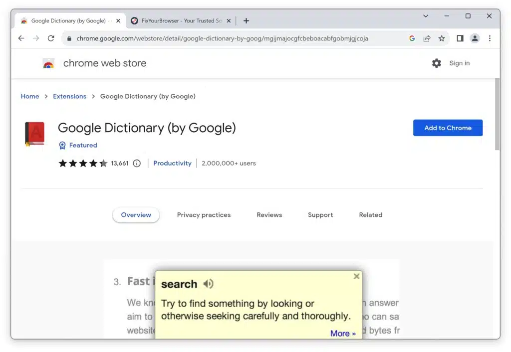 Google Dictionary productivity extension for Google Chrome