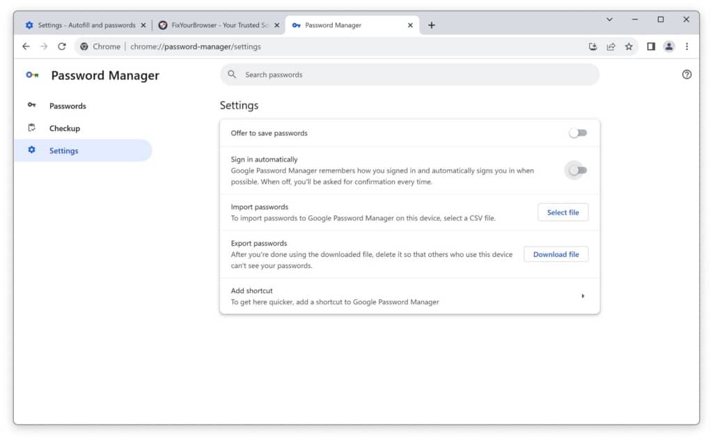 Google Password manager settings