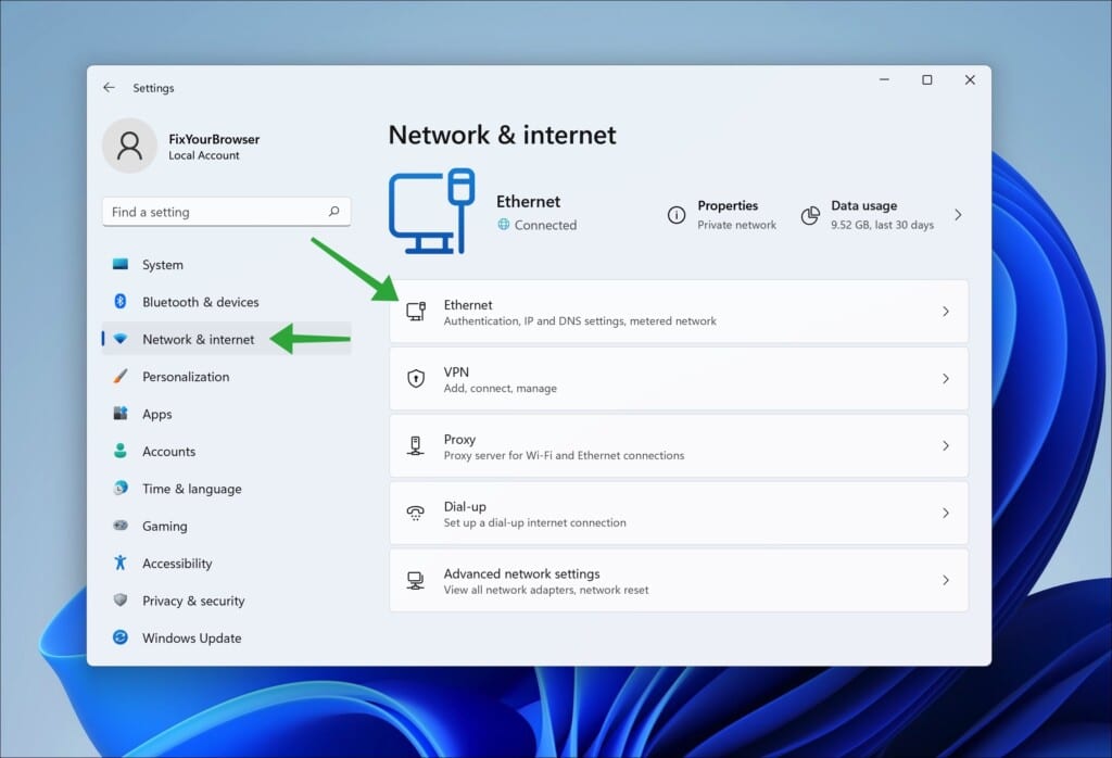 네트워크 및 인터넷 설정