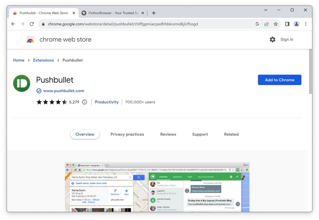 Extension de productivité Pushbullet pour Google Chrome