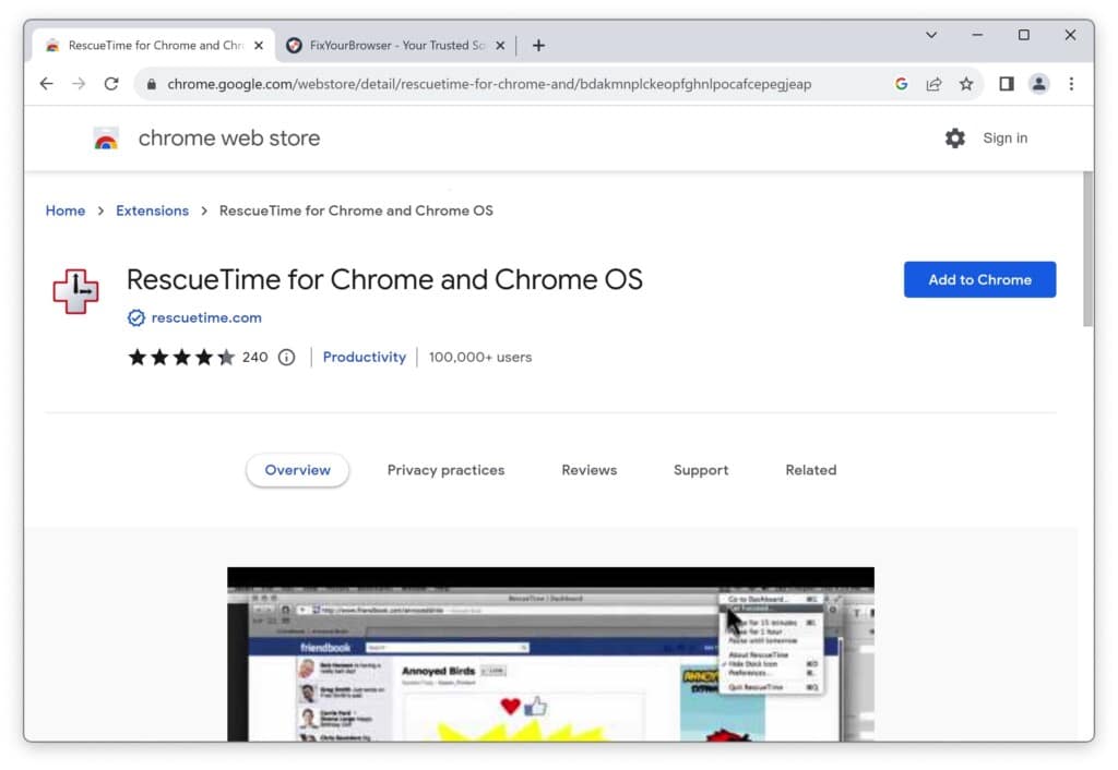 RescueTime productivity extension for Google Chrome