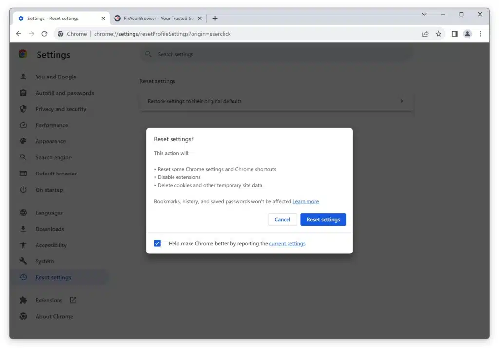 Reset Google Chrome settings