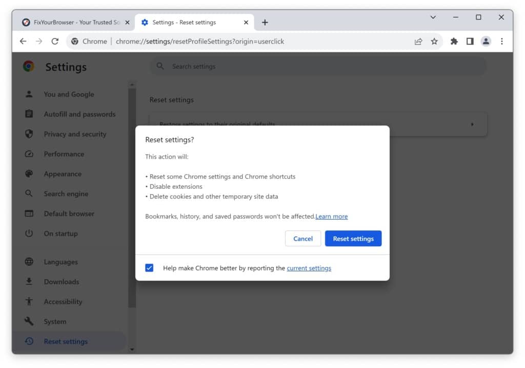 Reset the Chrome Settings to Default