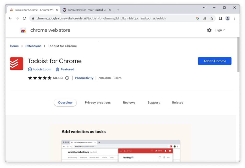 Todoist productivity extension for Google Chrome