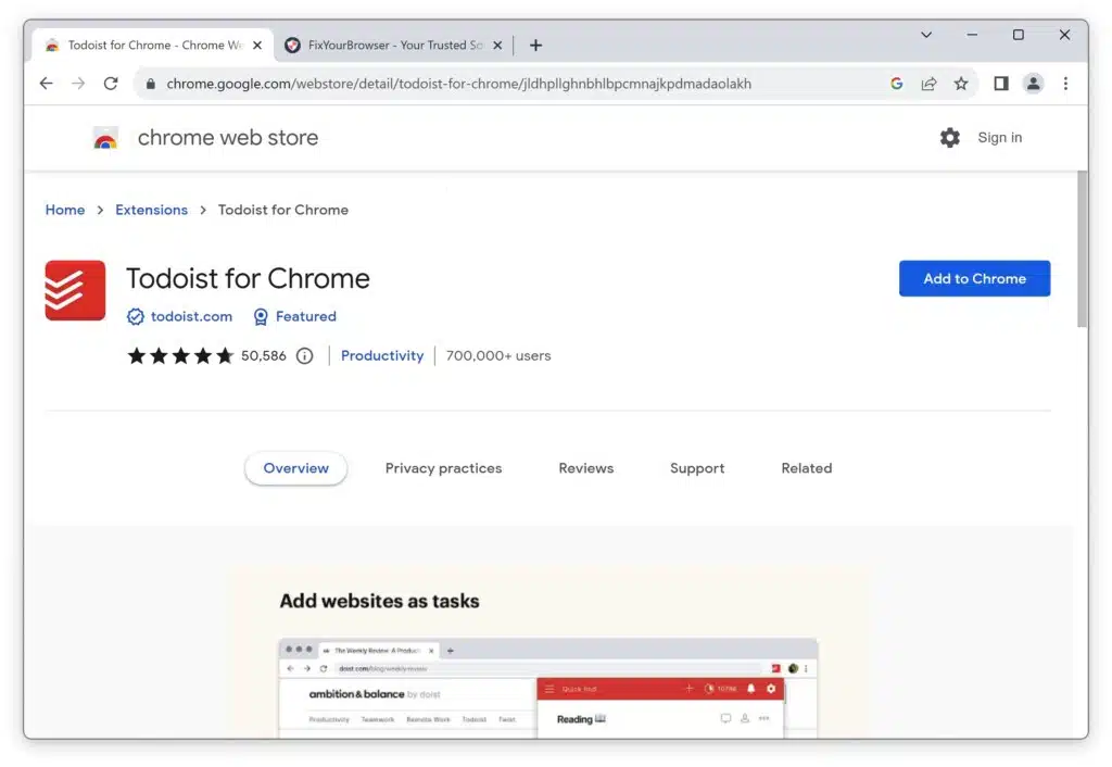 Todoist productivity extension for Google Chrome