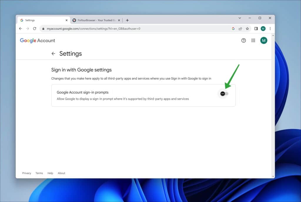 Turn off Google Account sign in prompts