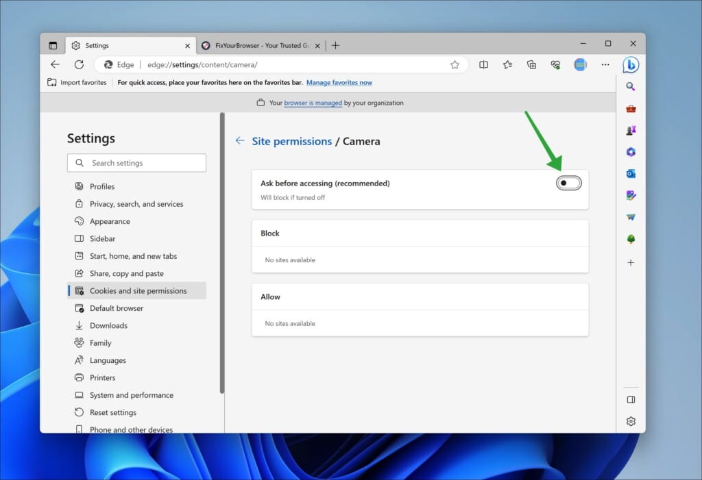 disable camera prompts in microsoft edge