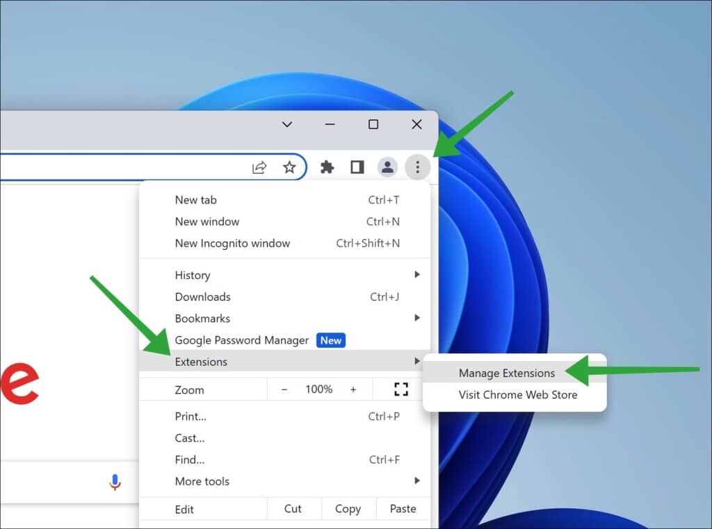 manage extensions in google chrome