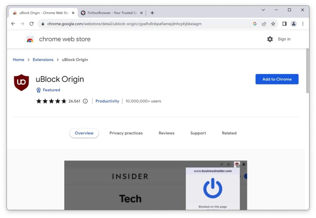uBlock Origin Produktivitätserweiterung für Google Chrome