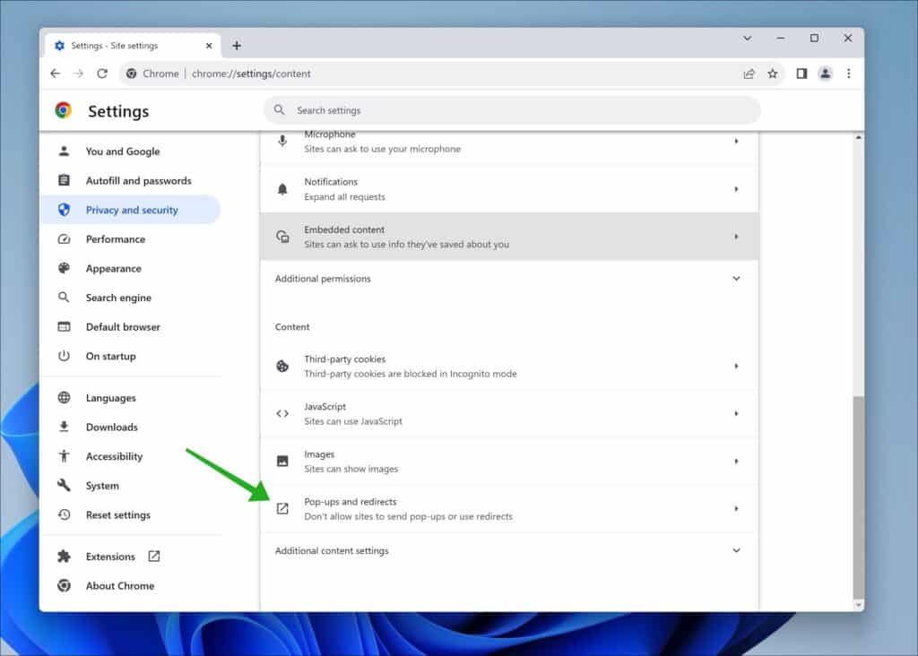 Popup and redirects settings in Google Chrome