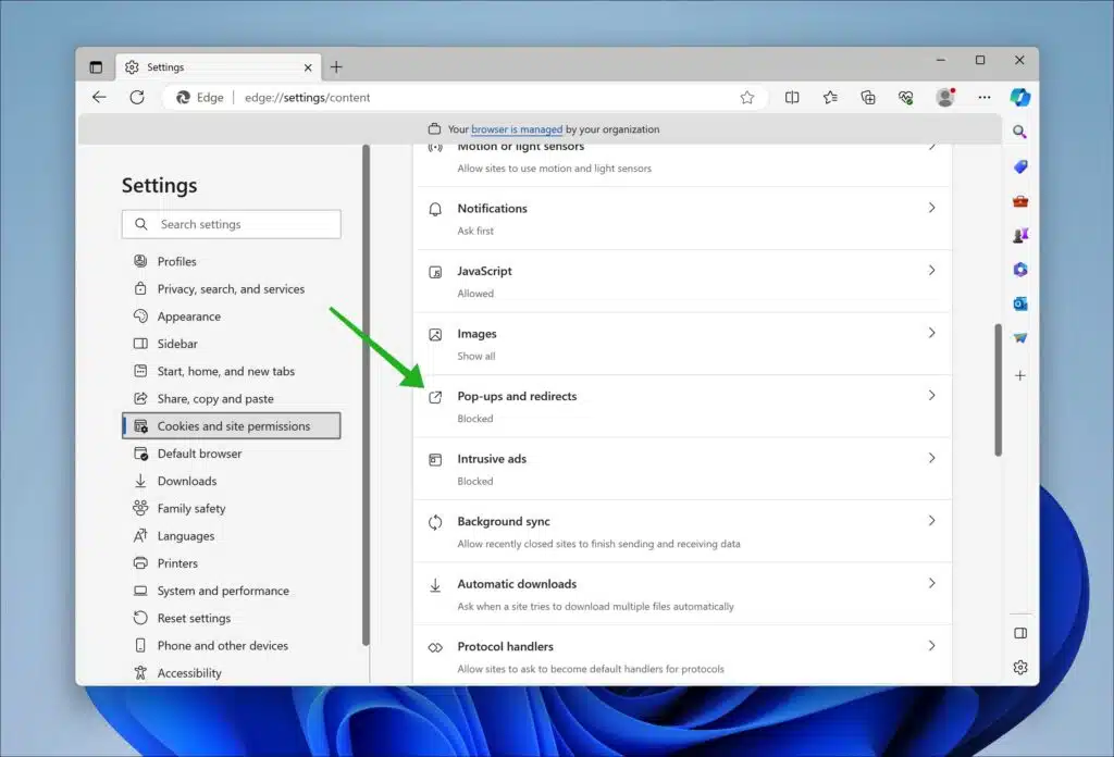 Popups and redirects settings in Microsoft Edge
